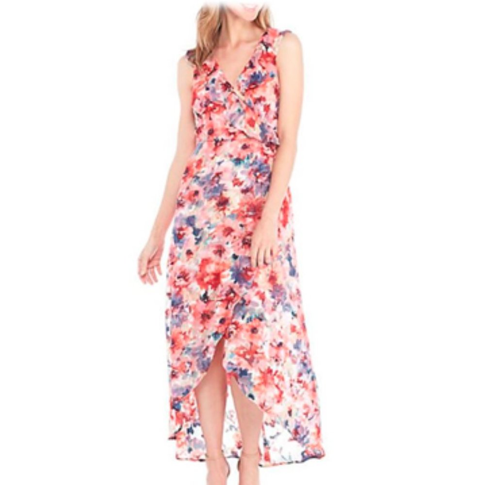 Cupio Sleeveless Ruffled Front Wrap Dress Lined Midi High-Low - Picture 2 of 7